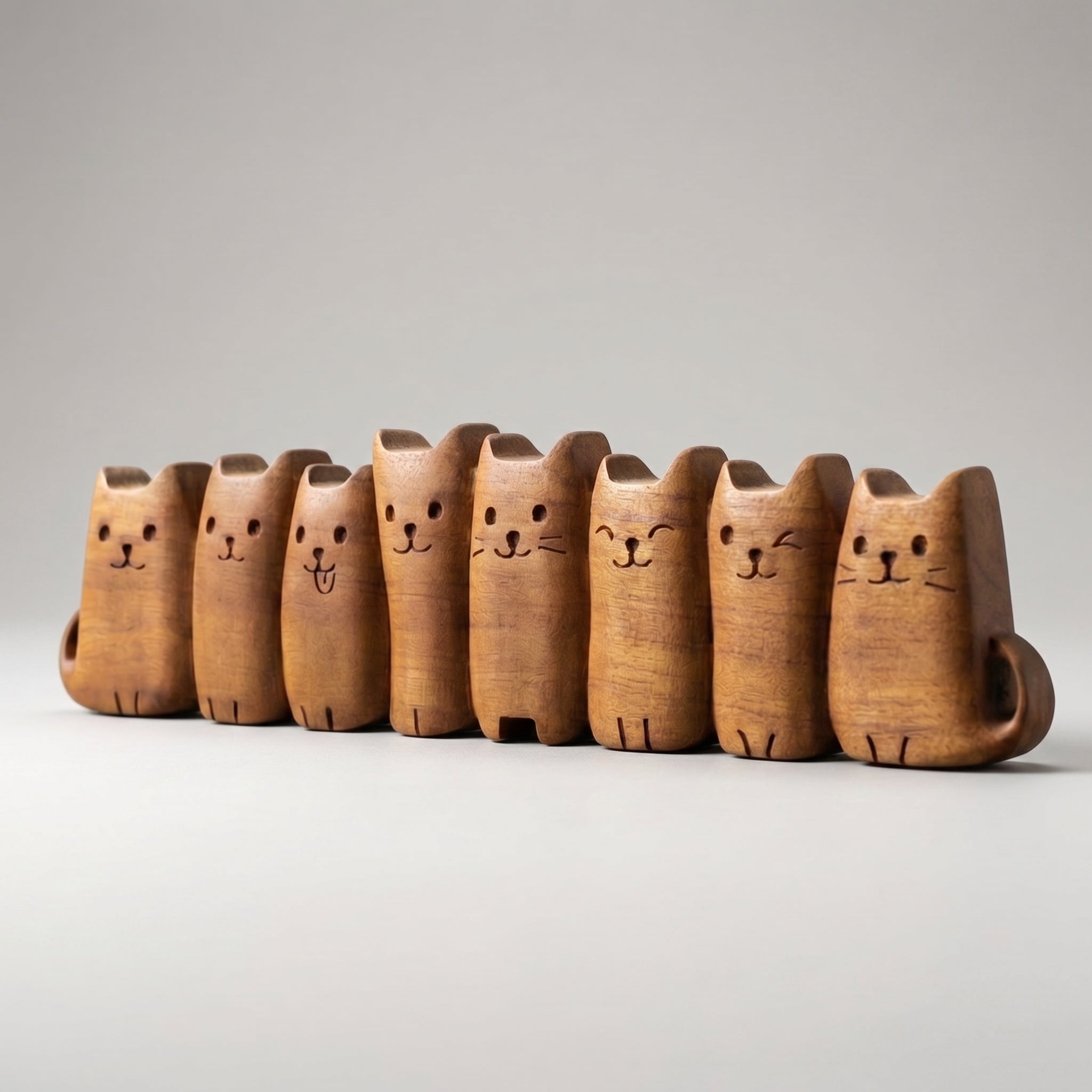 Row of wooden cat-shaped objects on a light gray background