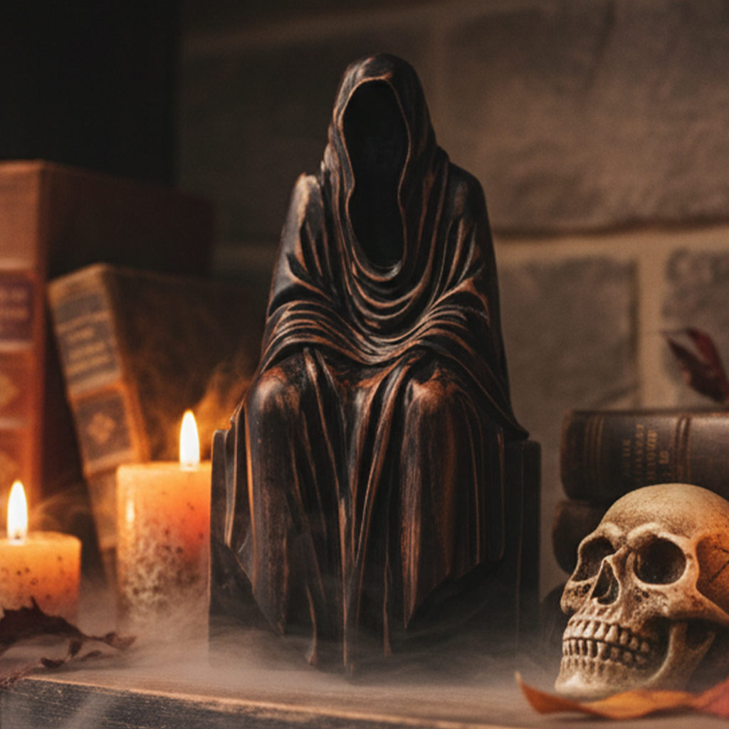 Handmade Wooden Grim Reaper Rustic Gothic Bookshelf & Table Decor Figurine