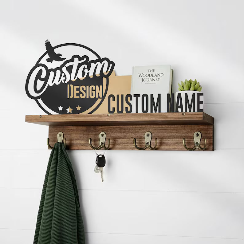 Custom Metal Art Key Holder - Walnut Entryway Organizer & Wooden Coat Rack Wall with Shelf