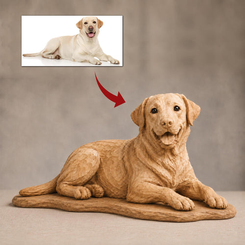 Custom wooden dog figurine hand-carved from a customer photo