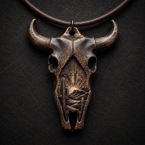 Wooden cow skull pendant necklace with desert landscape carving