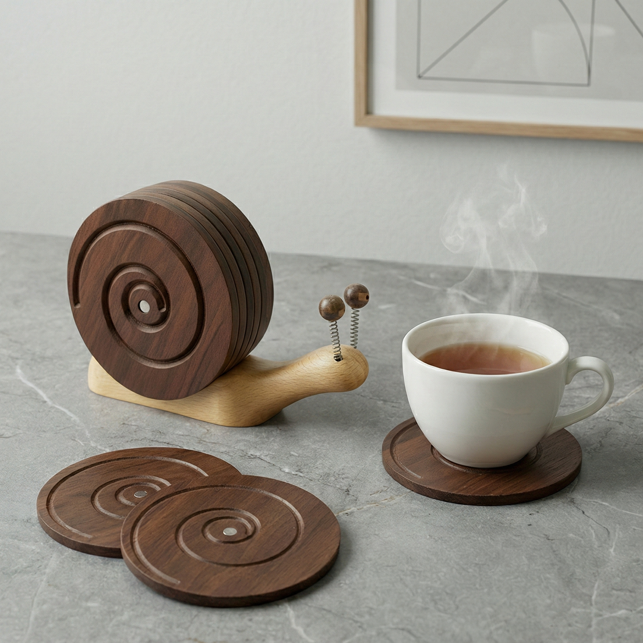 BeeRusty™ Magnetic Hand-Carved Wooden Snail Coasters - Set of 6 with Holder