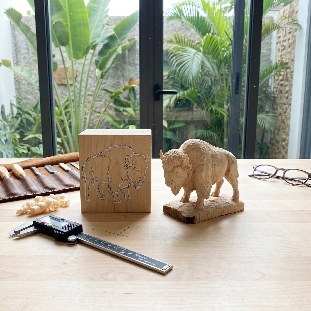 Bison Figurine - Hand-carved Wooden Animal Figurine
