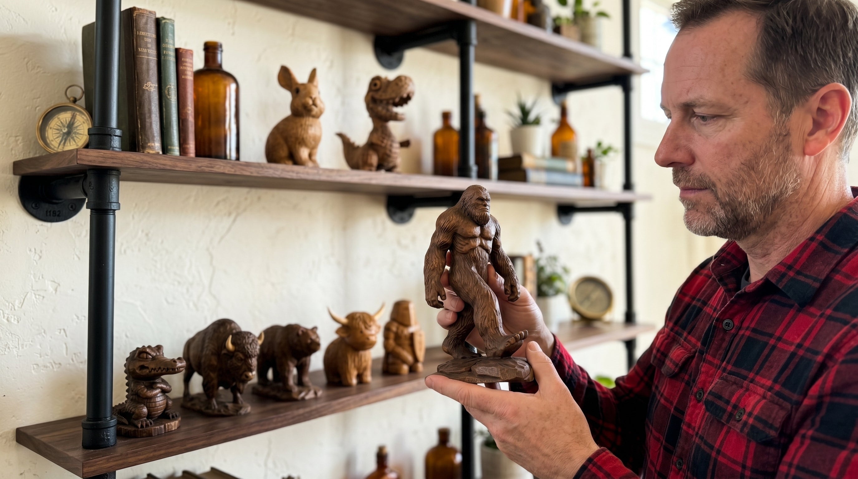 Man holding a bigfoot figurine in front of a shelf with various decorative items.