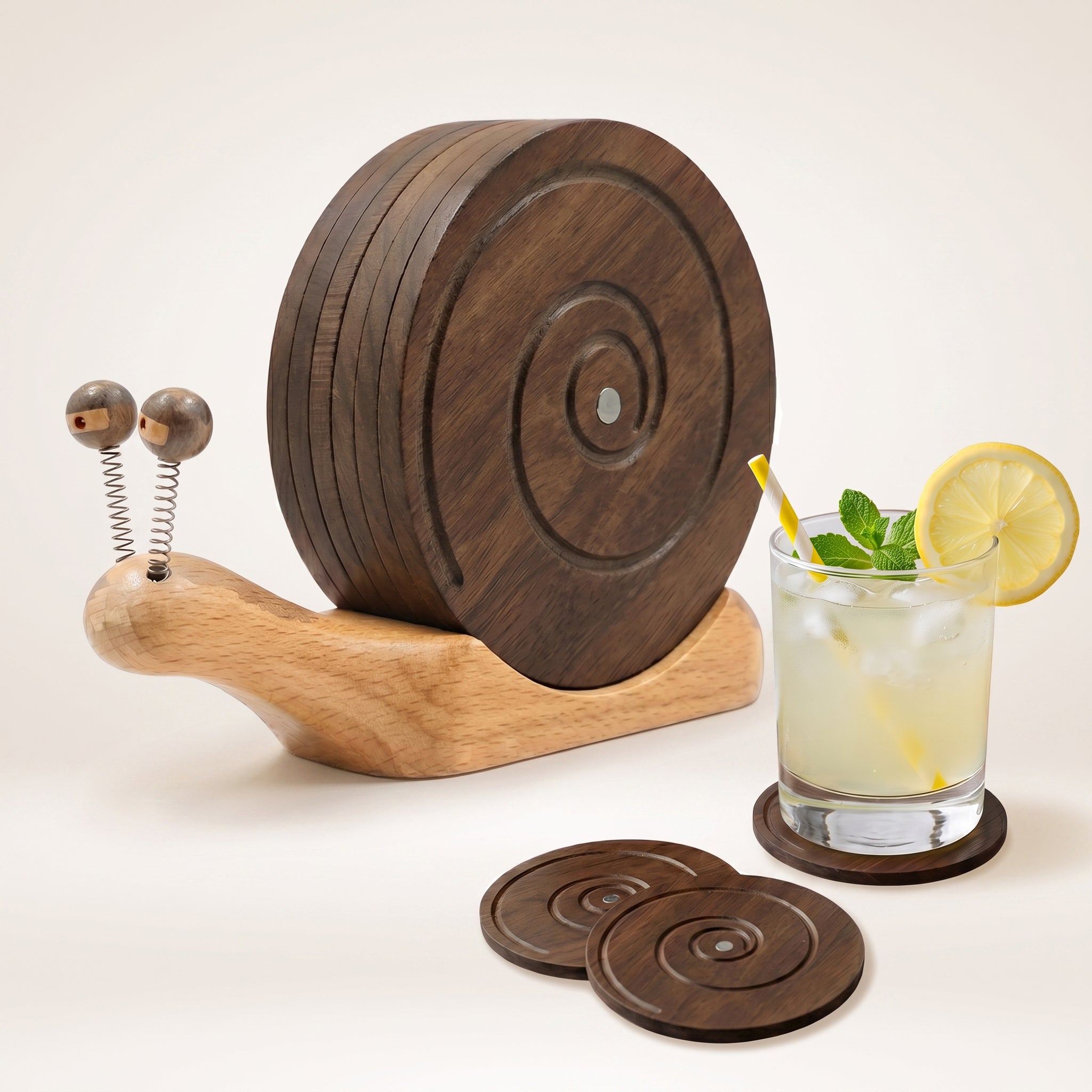Snail Magnetic Wooden Coasters with Holder - Set of 6