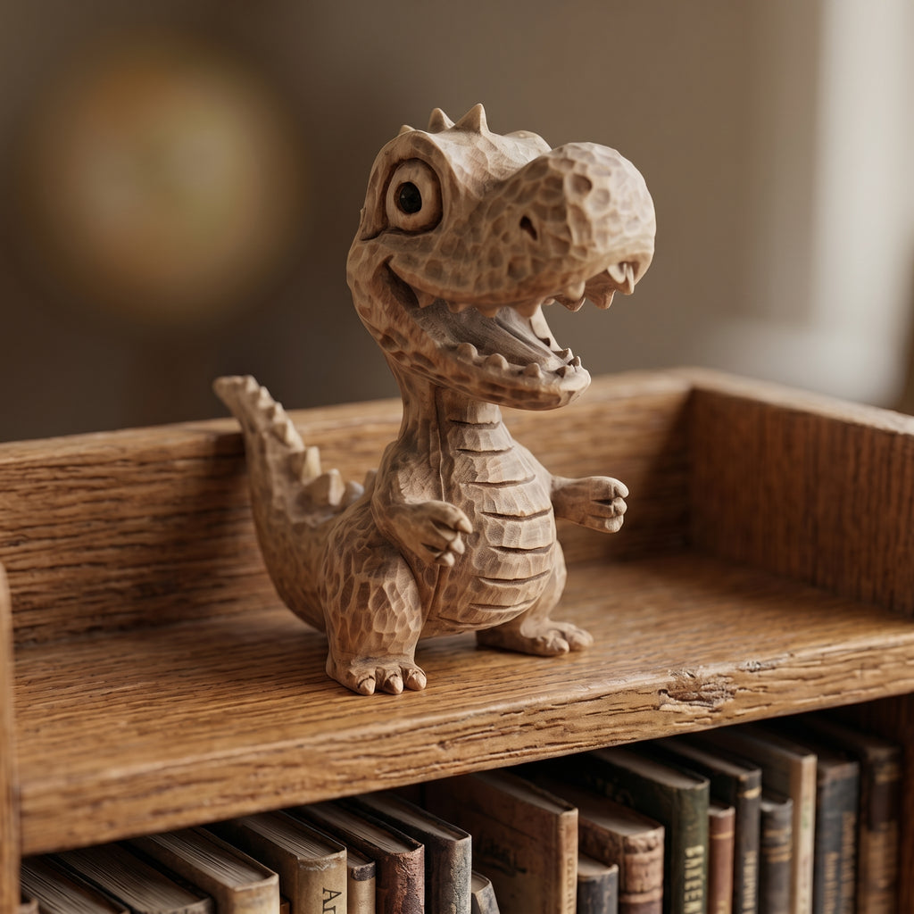 Wooden t rex figurine on a wooden shelf with books