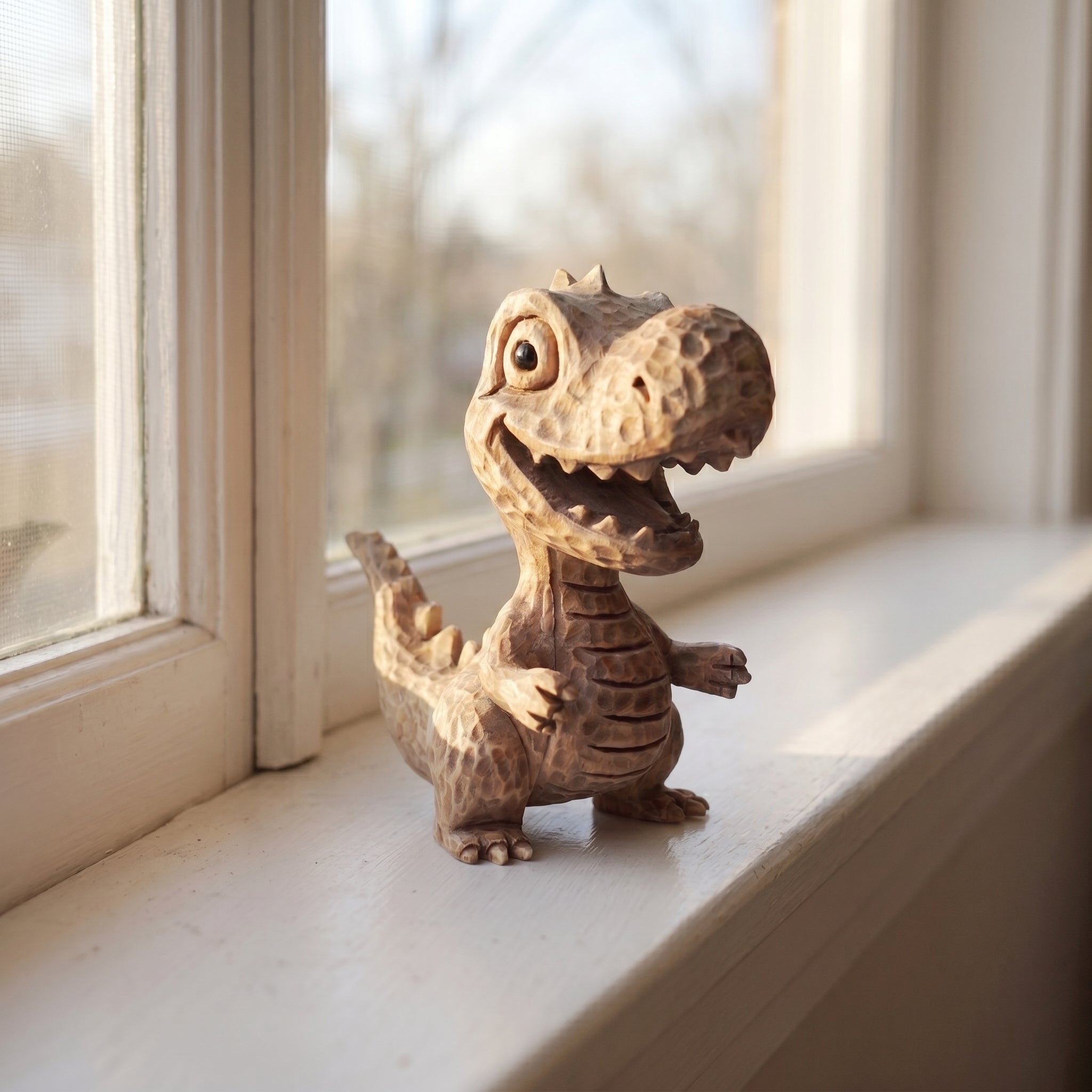 Small dinosaur figurine on a windowsill with natural light
